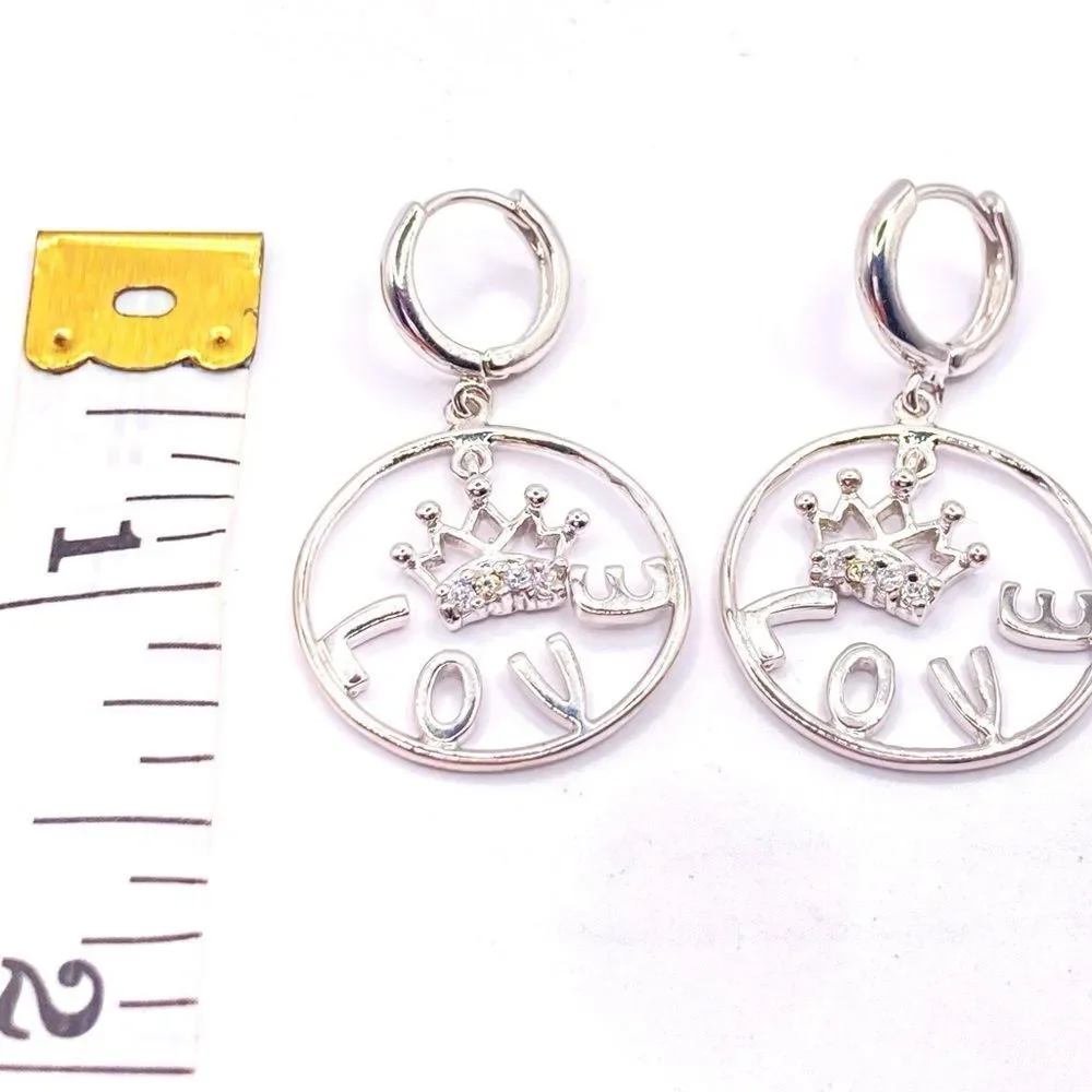 Silver hoop love crown dangle earrings
